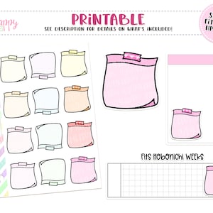 May include: Printable planner stickers featuring colorful sticky notes in various sizes and shapes. The stickers include text that says "PRINTABLE" and "SHEETS FIT MICRO HP NOTES". The stickers are designed to fit Hobonichi Weeks.