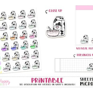 Può includere: Adesivi stampabili per planner con un design a cartone di latte e ciotola di cereali. Gli adesivi includono un'immagine ravvicinata e sono progettati per planner verticali, settimane Hobonichi e fogli Micro HP. Il testo "PRINTABLE" è visibile.