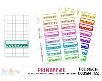 May include: Printable planner stickers in various colors, including pink, blue, and orange. Each sticker features a rectangular design with a dashed border, a row of hearts, and space for writing. The text "PRINTABLE" and "HOBONICHI COUSIN (A5)" are also visible.