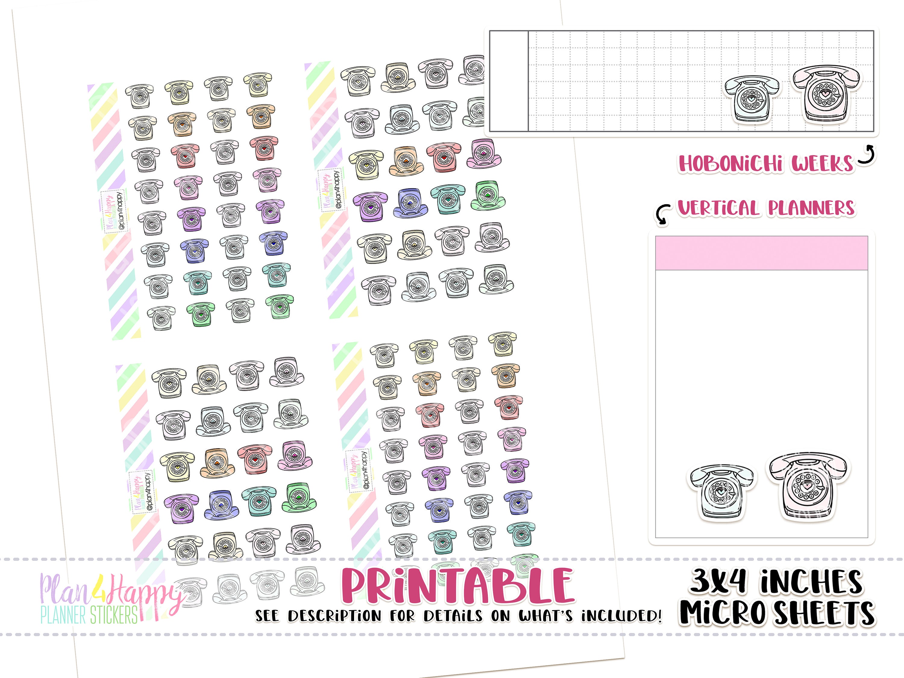 Telephone, Printable Planner Stickers, Sheets Fit Micro Happy Notes ...