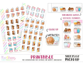 Kawaii Breakfast Stickers, Sheets Fit Micro Happy Notes, Printable Planner Stickers, Kawaii Stickers, Micro Sheets