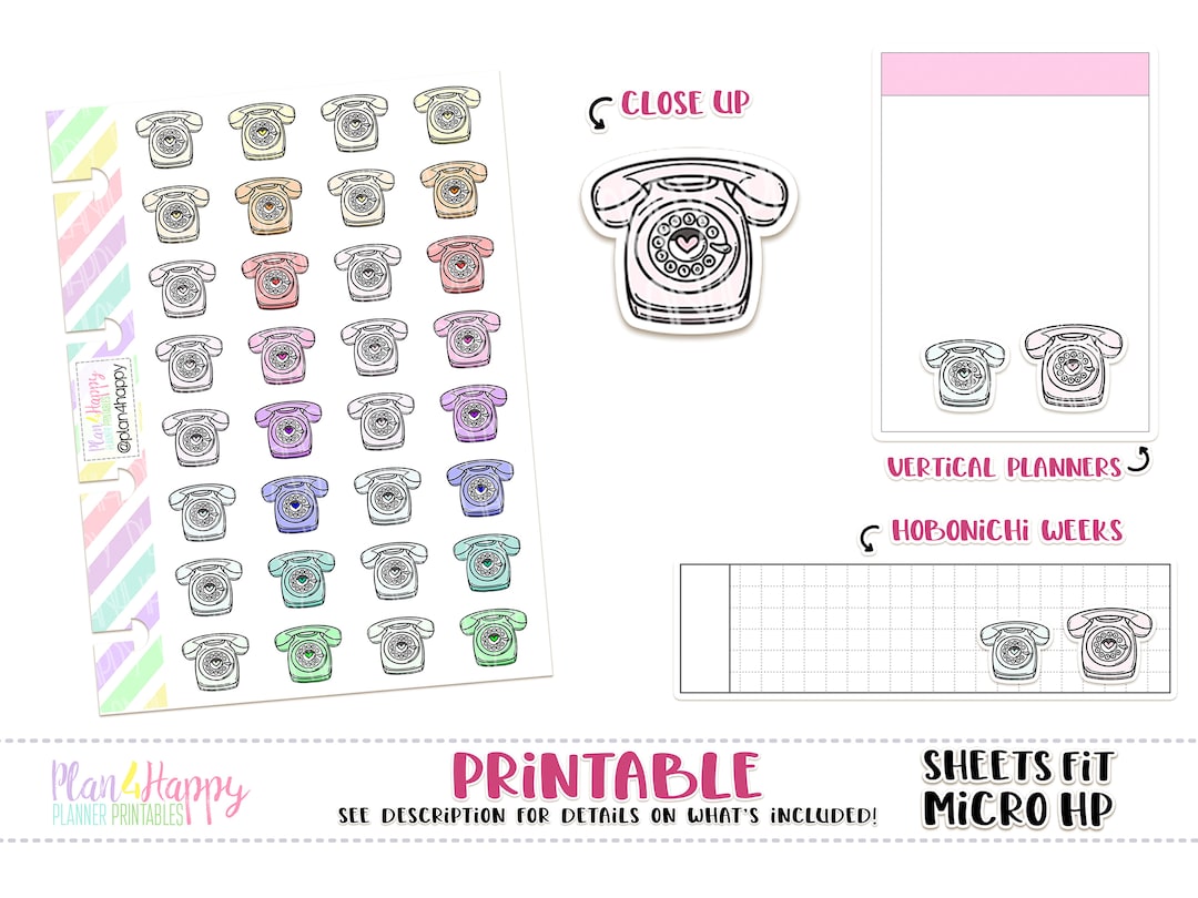 Telephone, Printable Planner Stickers, Sheets Fit Micro Happy Notes ...
