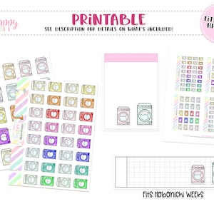 May include: Printable planner stickers featuring washing machine illustrations in various colors. The image includes sticker sheets, a notepad, and a grid layout, with text that reads "PRINTABLE" and "FITS MICRO HP NOTES" and "FITS HOBONICHI WEEKS".
