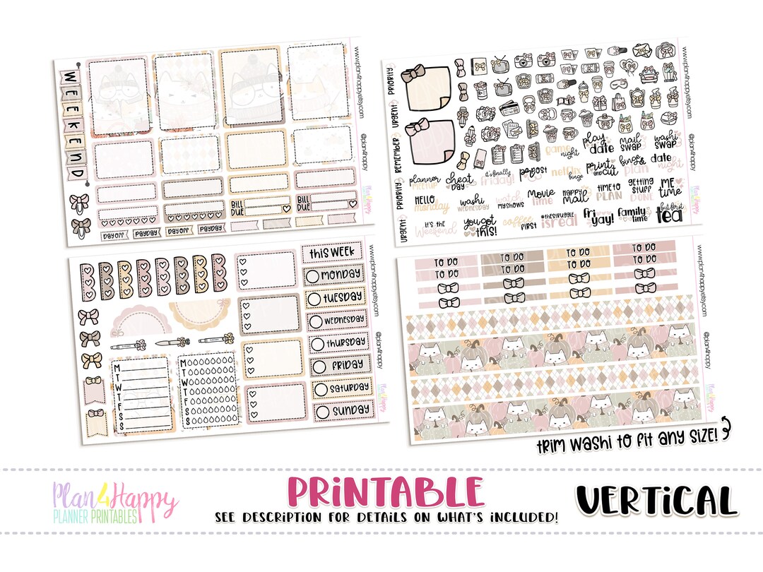 Printable Weekly Kit, Vertical Planner Weekly Kit, Cute Autumn Cats ...