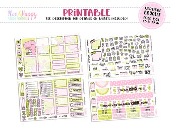 May include: A printable planner sticker set with a dinosaur theme. The stickers include boxes, labels, and decorative elements in pink, green, and yellow. Text includes "Printable", "Weekend", and "You are Dino-mite!" The full box size is 1.5 x 1.9 inches.