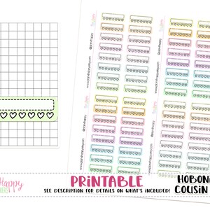 May include: Printable stickers for a Hobonichi Cousin planner. The stickers are in a variety of pastel colors and feature a dashed line border with hearts along the bottom. The text "Hobonichi Cousin (A5)" is printed on the sheet.