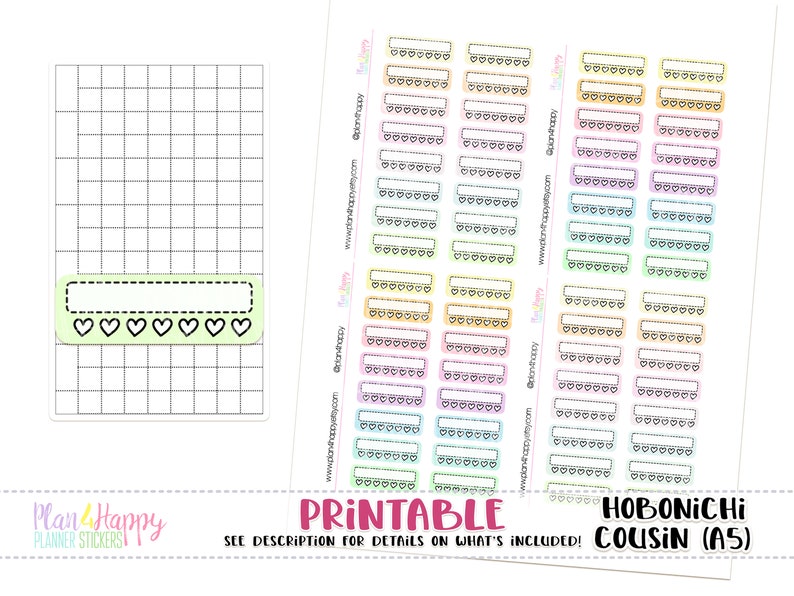May include: Printable stickers for a Hobonichi Cousin planner. The stickers are in a variety of pastel colors and feature a dashed line border with hearts along the bottom. The text "Hobonichi Cousin (A5)" is printed on the sheet.