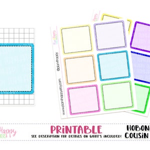 May include: Sheets of colorful planner stickers with square shapes, each outlined with a dashed border. The stickers are in various colors, including blue, yellow, orange, purple, and green. Text on the image reads "PRINTABLE" and "HOBONICHI COUSIN (A5)".