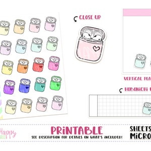 Könnte beinhalten: Druckbare Planer-Aufkleber mit bunten Taschen-Designs, jeweils mit einer niedlichen Eulen-Grafik. Die Aufkleber sind für vertikale Planer und Hobonichi Weeks konzipiert. Der Text "PRINTABLE" und "SHEETS FIT MICRO HP" ist ebenfalls enthalten.