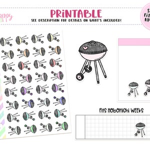 May include: A sheet of planner stickers featuring barbecue grill designs in various colors. The sheet includes the text "PRINTABLE" and "SHEETS FIT MICRO HP NOTES". Additional stickers and a grid are also shown, with the text "FITS HOBONICHI WEEKS".