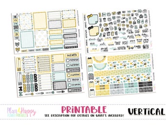 May include: A collection of printable planner stickers in yellow, blue, and black. The stickers feature various designs, including bees, honeycomb patterns, and decorative elements. Text includes "Weekend", "This Week", and "Printable".