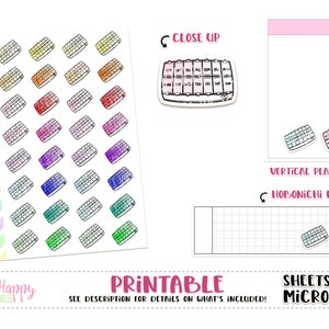 May include: A sheet of colorful planner stickers featuring keyboard designs in various colors, including yellow, orange, red, pink, purple, blue, and green. Additional planner elements include a close-up of a pill organizer, a vertical planner, and a grid layout. Text includes "Printable" and "Sheets Fit Micro HP."