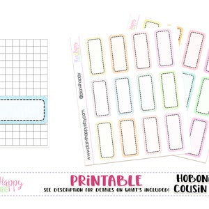 May include: Printable planner stickers featuring rectangular labels with dashed borders in various pastel colors. The stickers are designed for a Hobonichi Cousin (A5) planner. The image includes the text "Plan & Happy Planner Stickers" and "PRINTABLE".
