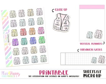 Chaleco scout, pegatinas planificadora imprimibles, hojas ajustar micro notas felices, pegatinas doodle, pegatinas icono, iconos de planificador, iconos de doodle