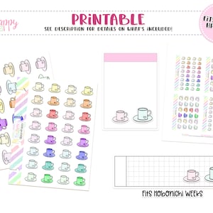 May include: Printable planner stickers featuring coffee cups in various colors. The stickers include the text "Plan 4 Happy" and "Printable". The image also includes the text "Fits Micro HP Notes" and "Fits Hobonichi Weeks".