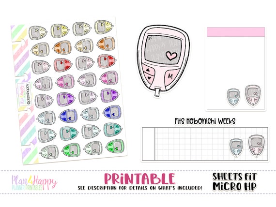 Glucose Meter, Printable Planner Stickers, Fits Micro Happy Notes