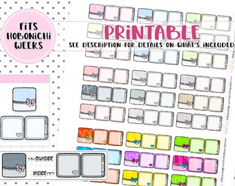 May include: Printable planner stickers featuring square designs with bows and hearts in various colors. The text "PRINTABLE" is visible, along with "FITS HOBONICHI WEEKS" and "SEE DESCRIPTION FOR DETAILS ON WHAT'S INCLUDED!"