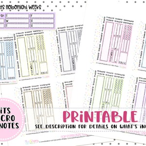 May include: Printable planner stickers in various pastel colors, designed to fit Hobonichi Weeks and Micro HP Notes. The stickers include sections for daily planning, checklists, and weekly layouts. The word "Printable" is displayed in large pink letters.