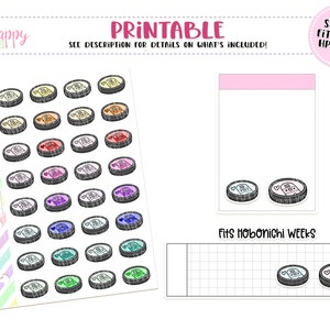 May include: Printable planner stickers featuring a robot vacuum cleaner design in various colors. The stickers are designed to fit micro HP notes and Hobonichi Weeks. The image includes the text "PRINTABLE" and "SEE DESCRIPTION FOR DETAILS ON WHAT'S INCLUDED!"