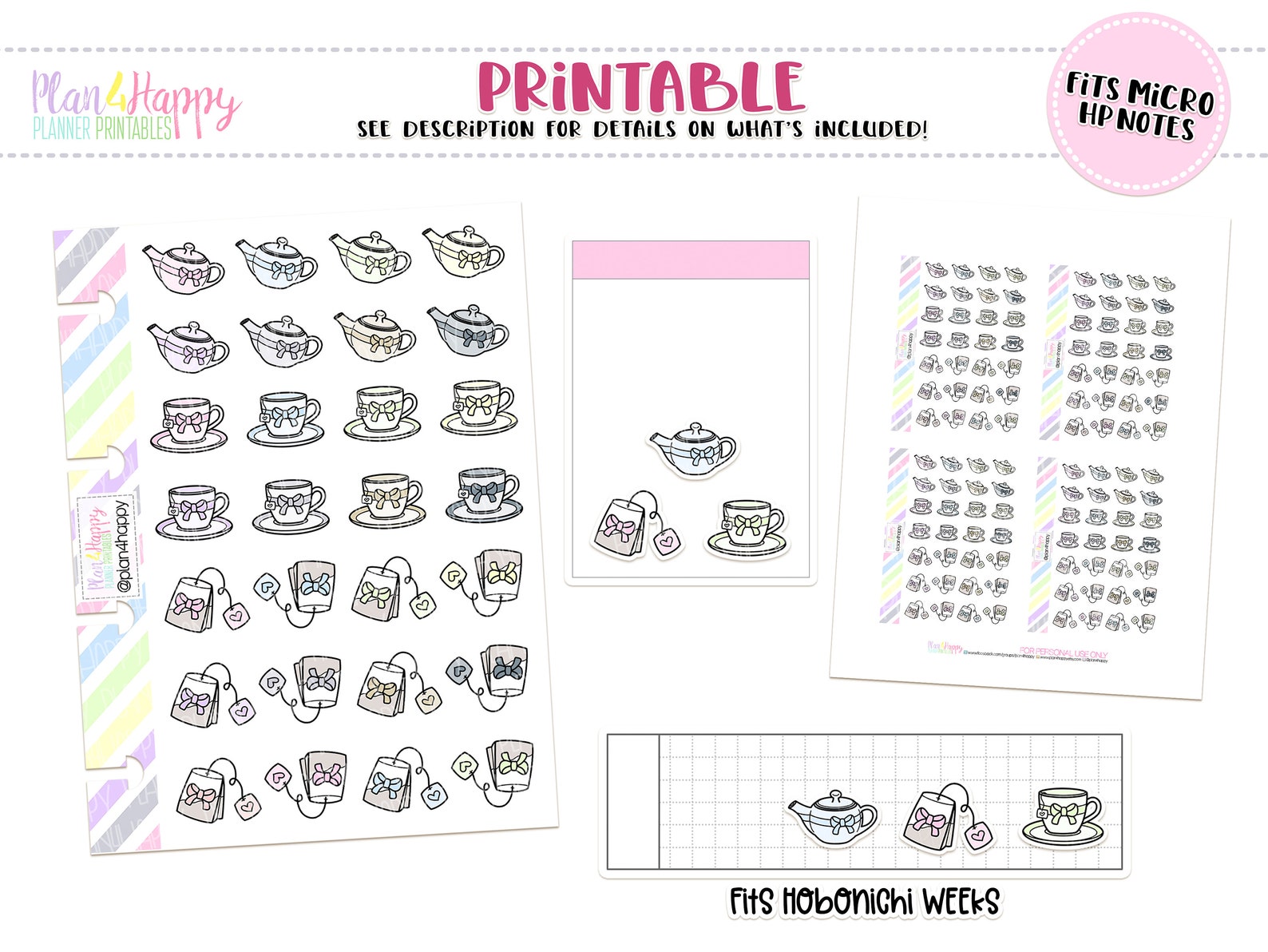 Printable Planner Stickers, Tea Stickers, Fits Micro Happy Notes, Tiny