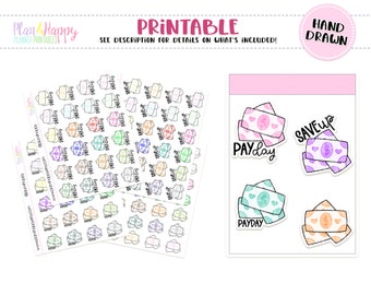 Pegatinas de planificador imprimibles, pegatinas de día de pago, pegatinas del planificador, pegatinas de garócula, pegatinas lindas, pegatinas dibujadas a mano, iconos del planificador