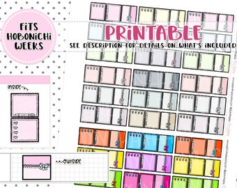 May include: Printable planner stickers in various pastel colors, designed to fit Hobonichi Weeks. The stickers include decorative elements and the word "Printable". The image also shows the words "Inside" and "Outside".