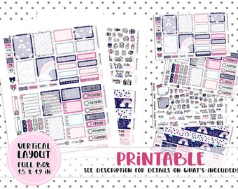 Printable Weekly Kit,  Vertical Planner Weekly Kit, Kawaii Navy Rainbow Weekly Kit, Printable Planner Stickers, Printable Stickers