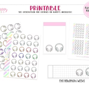 Könnte beinhalten: Druckbare Planer-Aufkleber mit Kopfhörer-Designs in verschiedenen Farben. Die Aufkleber befinden sich auf Bögen mit den Wörtern "PRINTABLE" und "FITS MICRO HP NOTES". Zusätzlicher Text enthält "FITS HOBONICHI WEEKS".