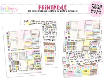 May include: Printable planner stickers in a vertical layout. The stickers feature pastel colours, polka dots, and decorative elements. Text includes "PRINTABLE", "WEEKEND", and "VERTICAL LAYOUT FULL BOX 3.8 x 4.8 cm".