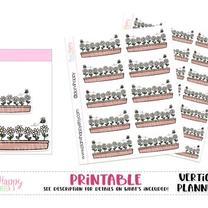 Peut inclure: Planches d'autocollants imprimables pour planificateur avec un motif de jardinière de fleurs, des marguerites et des abeilles. Les autocollants sont roses et marron, avec le texte "Plan & Happy" et "Printable".