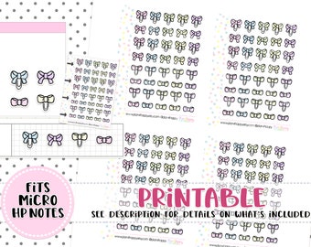 Printable Planner Stickers, Bows and Clips Stickers, Fits Micro Happy Notes, Tiny Stickers, Doodle Stickers, Hobonichi Weeks Stickers