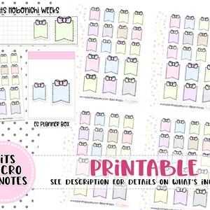Puede incluir: Pegatinas imprimibles para planificador en colores pastel, con diseños de lazo. Las pegatinas, en rosa, amarillo, azul y gris, están diseñadas para adaptarse a Hobonichi Weeks, EC Planner Box y Micro HP Notes. La palabra "Printable" también es visible.