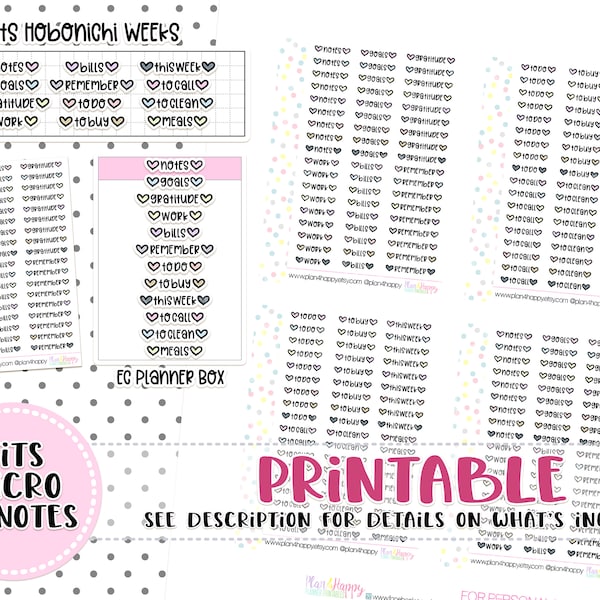 Printable Planner Stickers, Tiny Script Stickers, Fits Micro Happy Notes, Tiny Stickers, Doodle Stickers, Hobonichi Weeks Stickers