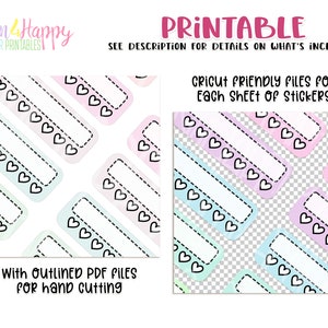 May include: Printable sticker sheet with a pastel watercolor background and black outlines. The sheet features rectangular labels with a row of hearts along the top and bottom. The text "Cricut Friendly Files for Each Sheet of Stickers" is visible in the image.