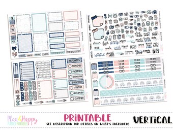 May include: A collection of printable planner stickers in a vertical format. The stickers feature various designs, including boxes, checklists, and decorative elements in shades of blue, pink, and gray. Text includes "Weekend", "This Week", and daily labels.