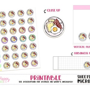 Breakfast, Printable Planner Stickers, Sheets Fit Micro Happy Notes, Icon Stickers, Tiny Stickers, Doodle Stickers