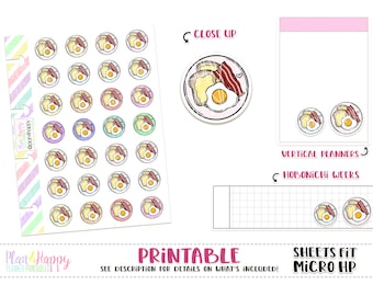 Breakfast, Printable Planner Stickers, Sheets Fit Micro Happy Notes, Icon Stickers, Tiny Stickers, Doodle Stickers