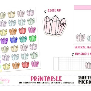 May include: A sheet of colorful crystal stickers with a heart detail, in various colors. The image also includes a close-up of the crystal design, and examples for vertical planners and Hobonichi Weeks. Text on the image says "PRINTABLE" and "SHEETS FIT MICRO HP".
