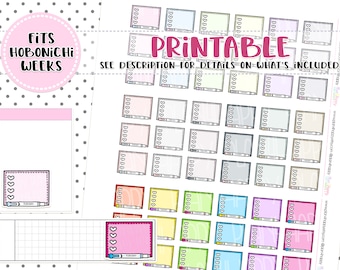 May include: A sheet of colorful planner stickers with the text "Printable" and "Fits Hobonichi Weeks." The stickers feature small, rectangular designs with hearts and pens, in various pastel colors. The background is white with a polka dot pattern.