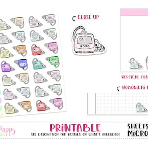 May include: A sheet of colorful planner stickers featuring retro computer designs in various colors. The sheet includes a close-up sticker, and examples for vertical planners and Hobonichi Weeks. Text includes "Plan 4 Happy Planner Printables" and "Printable".