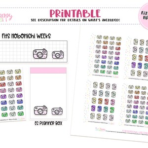 Könnte beinhalten: Druckbare Planer-Aufkleber mit Kamera-Illustrationen in verschiedenen Farben. Enthält Aufkleber für Hobonichi Weeks, EC Planner Box und Micro HP Notes. Der Text "PRINTABLE" und "Plan 4 Happy Planner Printables" sind sichtbar.