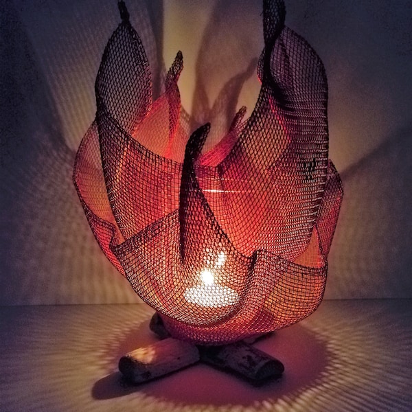 Artistic Wire-Campfire Candle Holder | Decorative 3D Metal-Mesh Candle Stand | 3D Flame Artwork | Light Sculpture for Home Décor | KedemArt