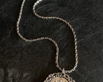 Vintage Arabic Silver Coin Pendant and Chain Necklace for Women or Men