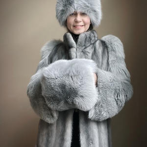 Vintage Genuine Mink and Fox Long Fur Coat in Grey