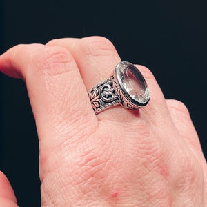 Western Silver Statement Ring With Pale Green Stone and Floral Motif