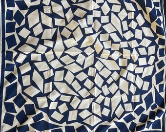 Vera Neumann Blue White Geometric Silk Scarf – 26" Square Retro Accessory