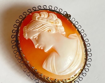 Vintage Carved Shell Cameo Pendant Brooch in Sterling Silver by Emby