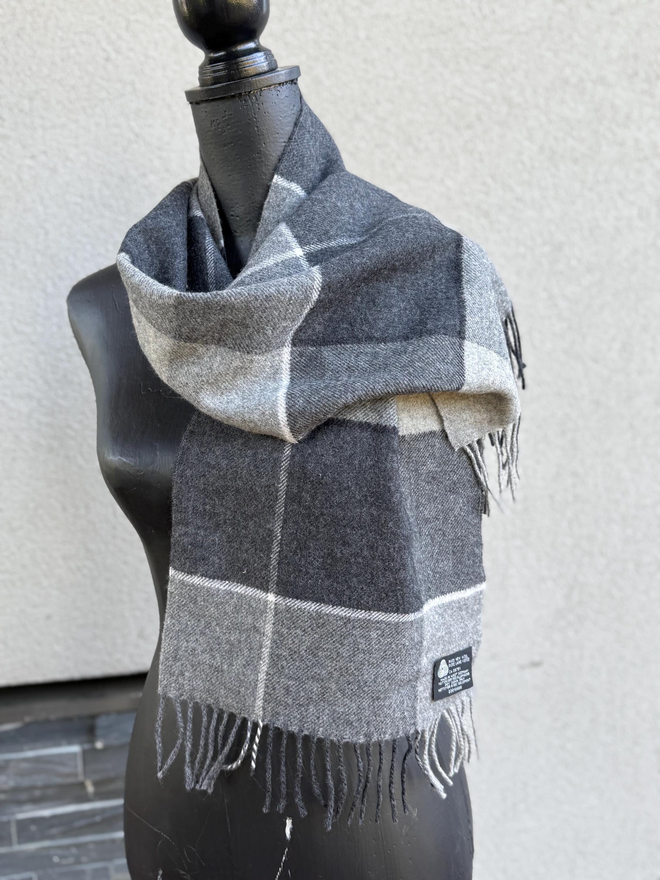 Vintage Charcoal and Grey Wool Winter Scarf Made in West Germany