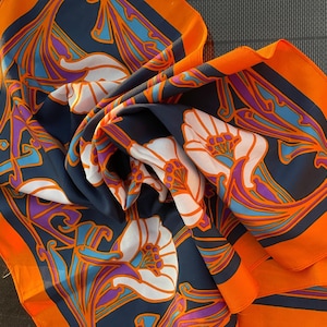Vintage Scarf with Art Deco Pattern in Orange, Navy Blue and white