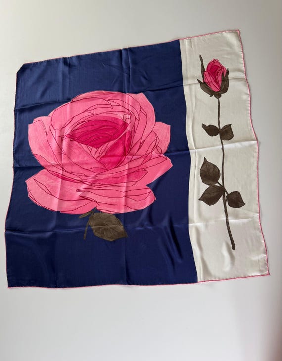 Vintage Creation Brauchbar Silk Scarf: Pink Rose Print, Navy Blue, Hand-Rolled Edges (Swiss Made)